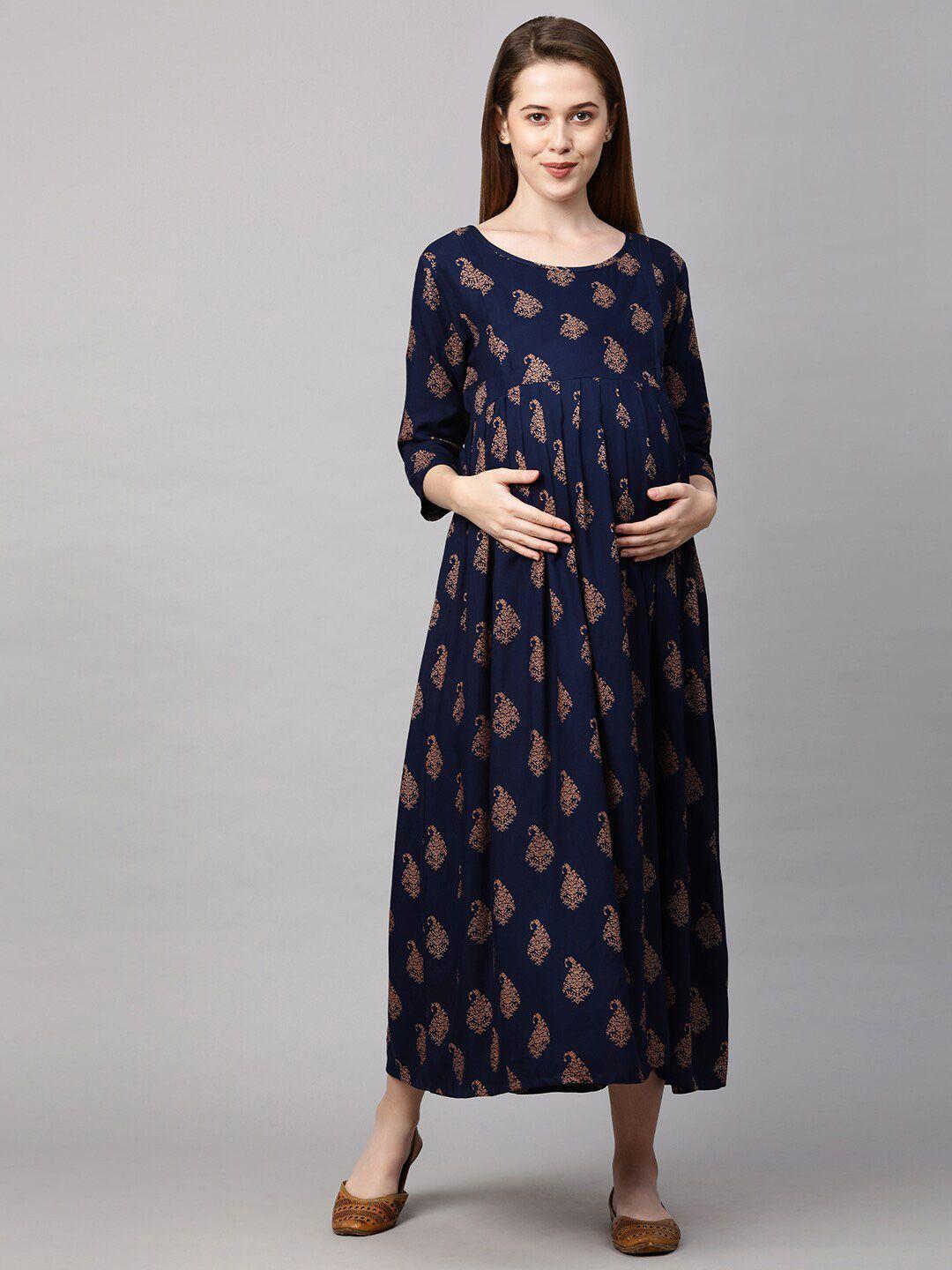 momtobe women navy blue & beige floral maternity nursing midi dress