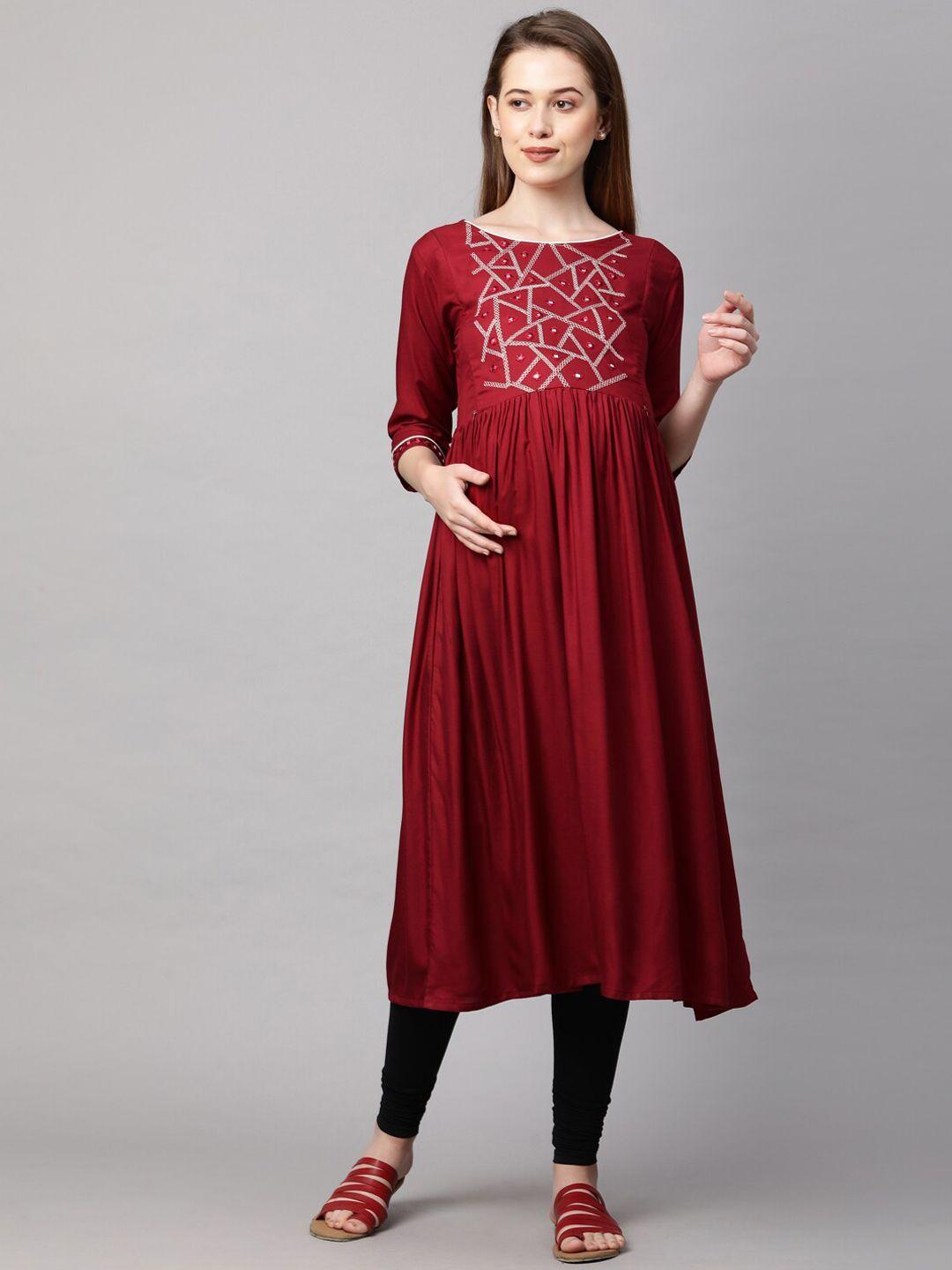 momtobe women maroon ethnic motifs maternity nursing kurta