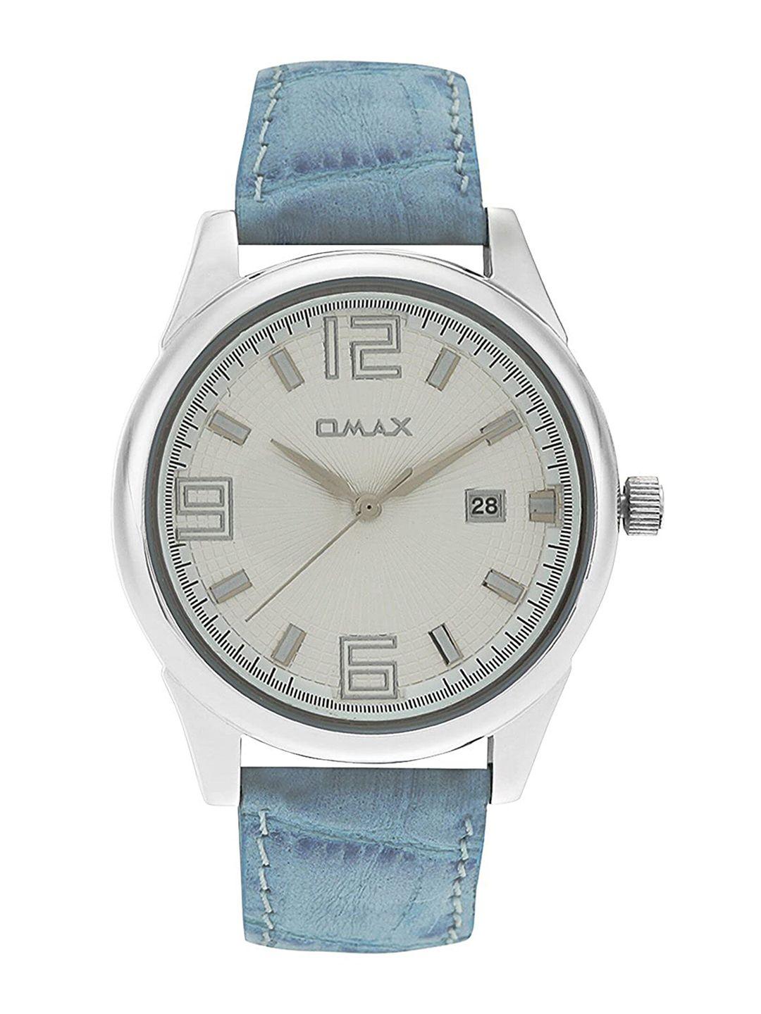 omax men white dial & blue leather straps analogue watch