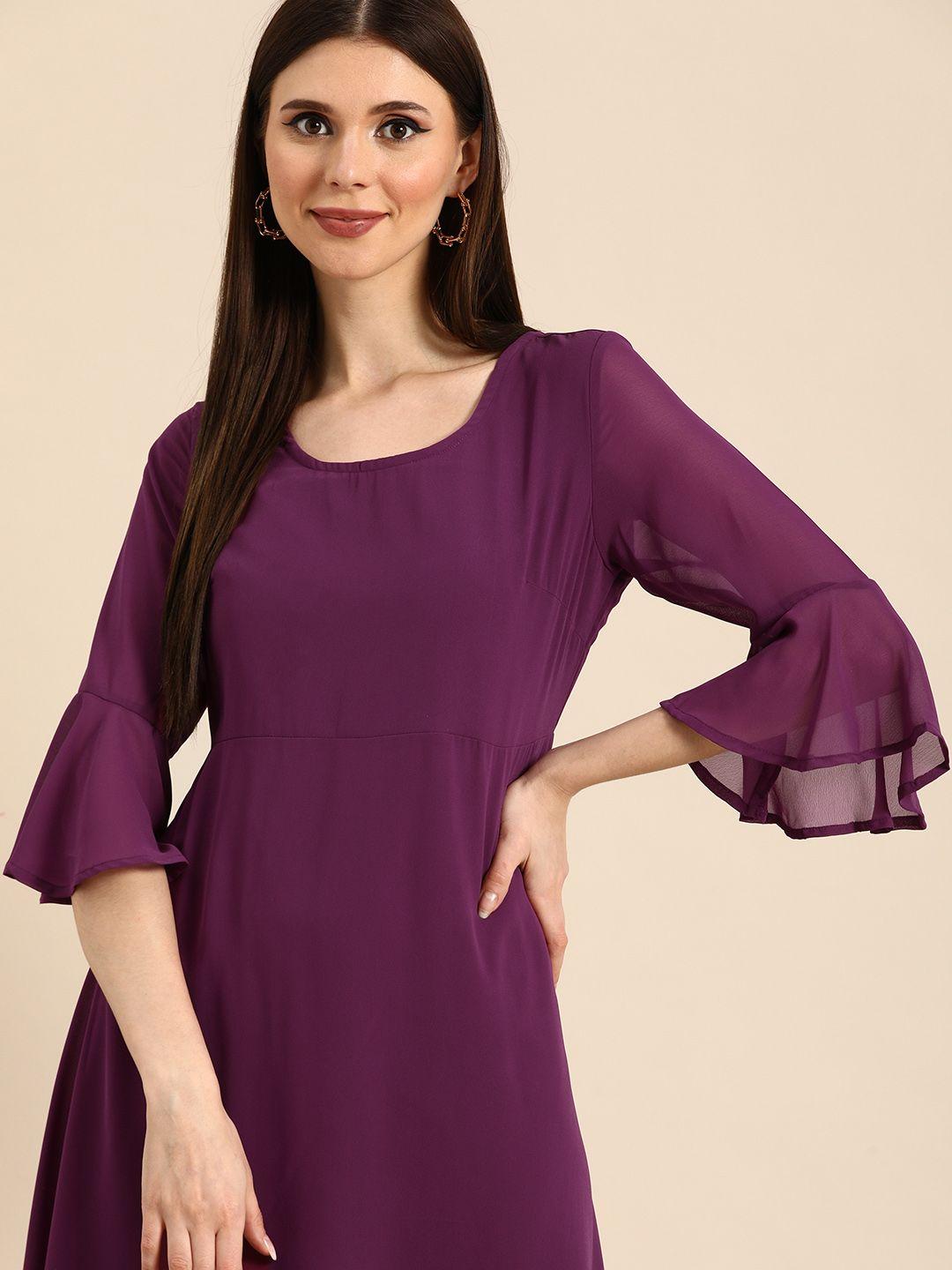 anouk women purple solid semi-sheer ethnic midi a-line dress