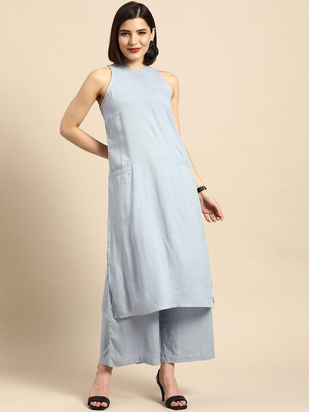 anouk women blue solid kurta with palazzos