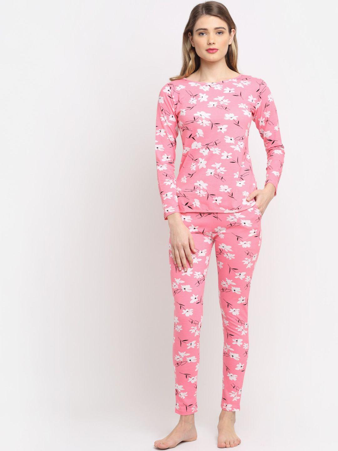 boston club women pink & white printed cotton night suit