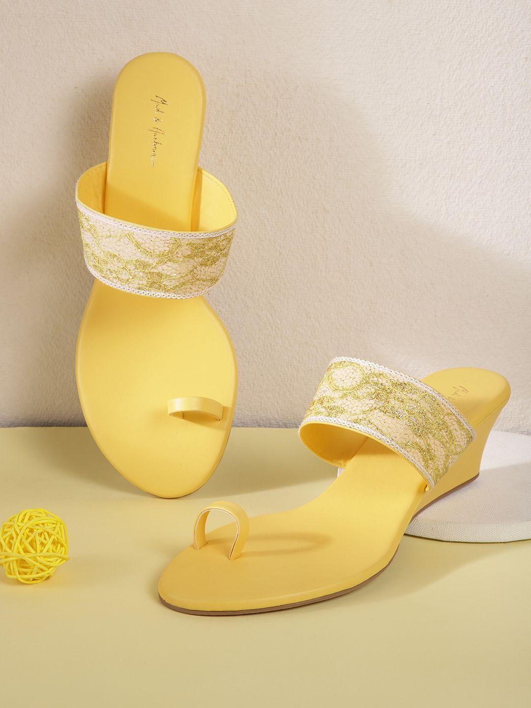 mast & harbour women mustard yellow woven design wedges