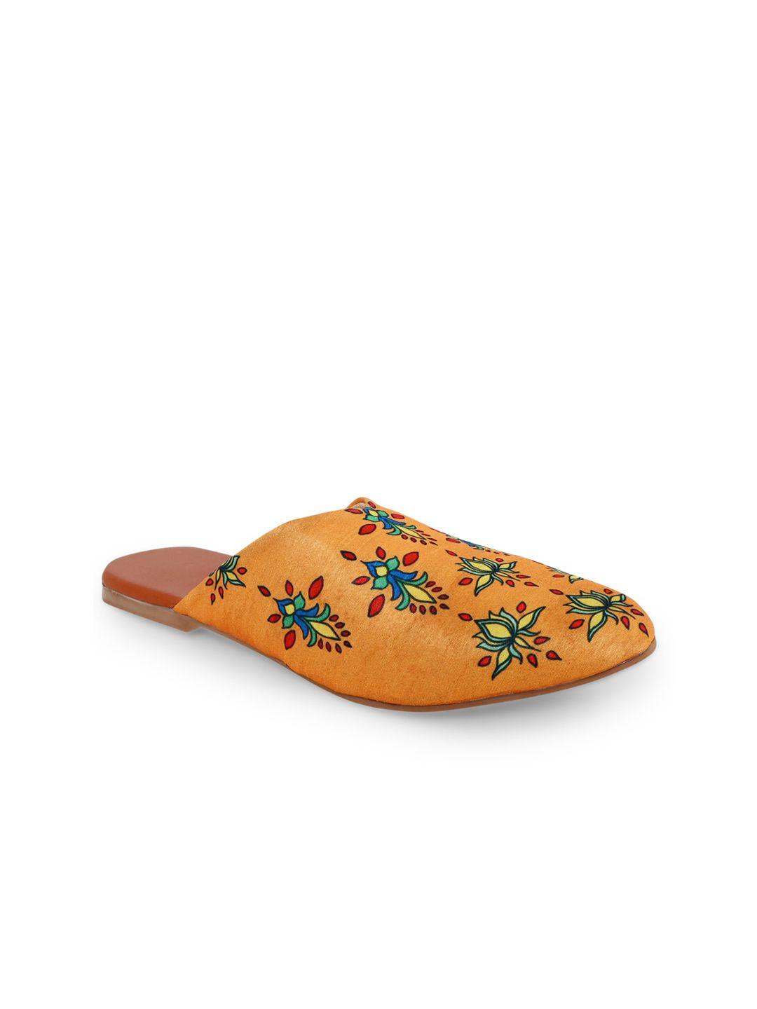 kanvas women orange printed traditional mules flats