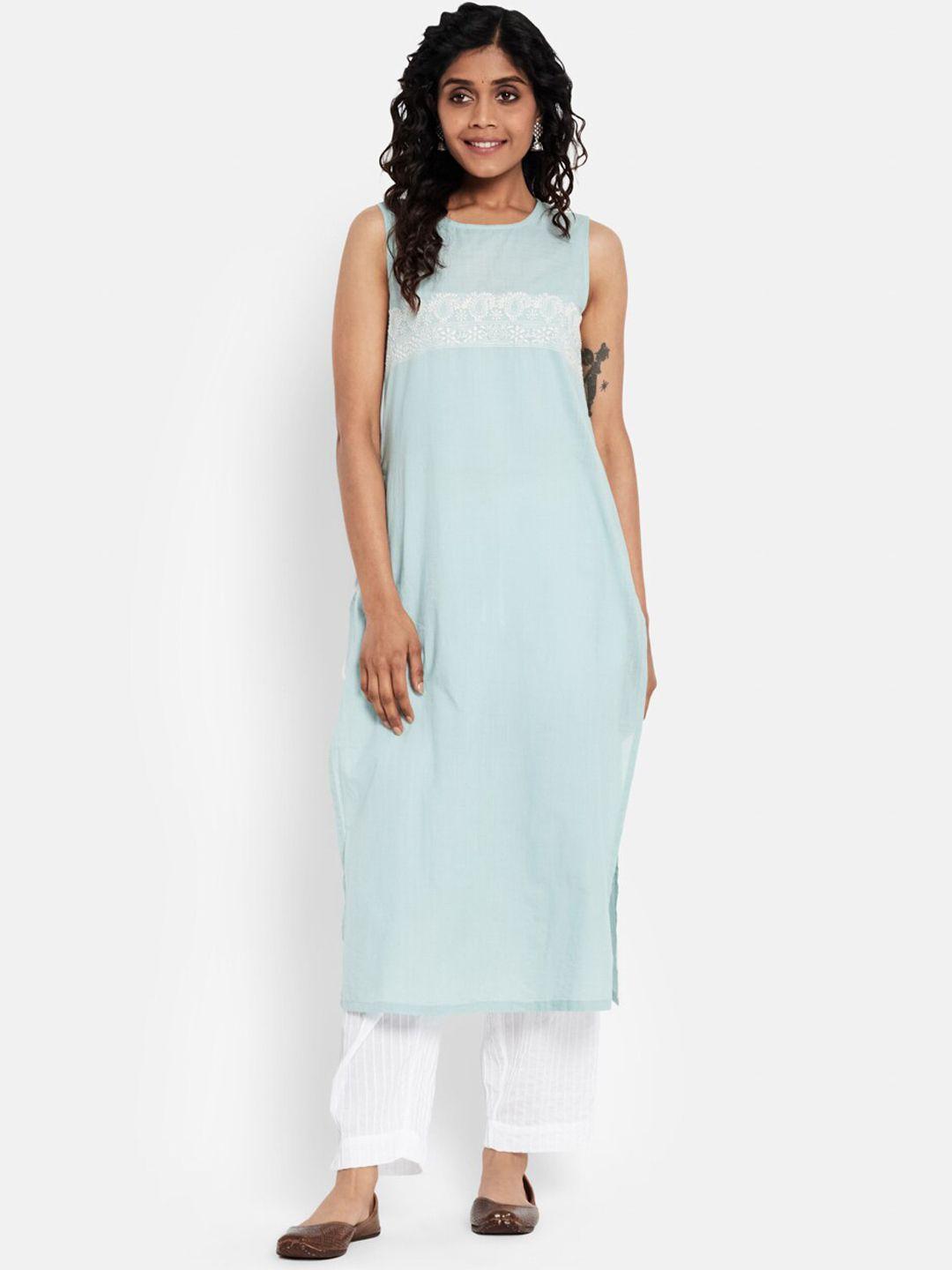 fabindia women turquoise blue & white ethnic motifs chikankari straight kurta