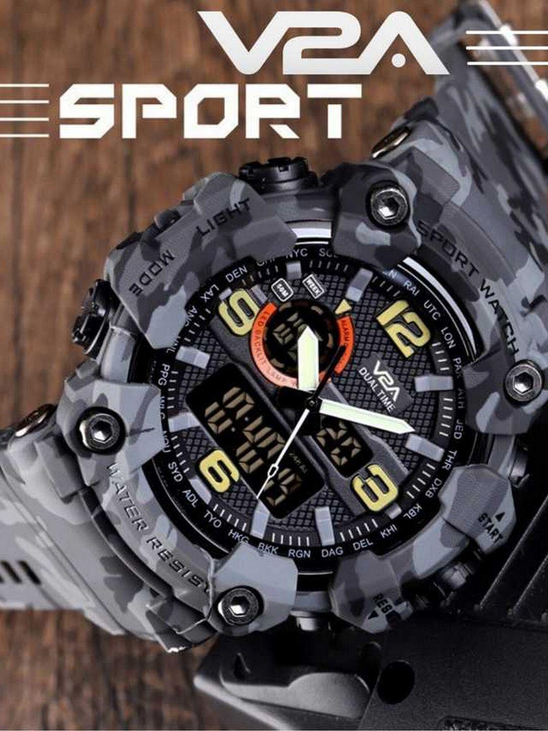 v2a men black & grey straps analogue and digital multi function watch v2a-1520-camogrey