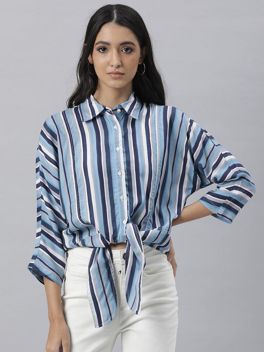 rareism women blue & white striped shirt style top