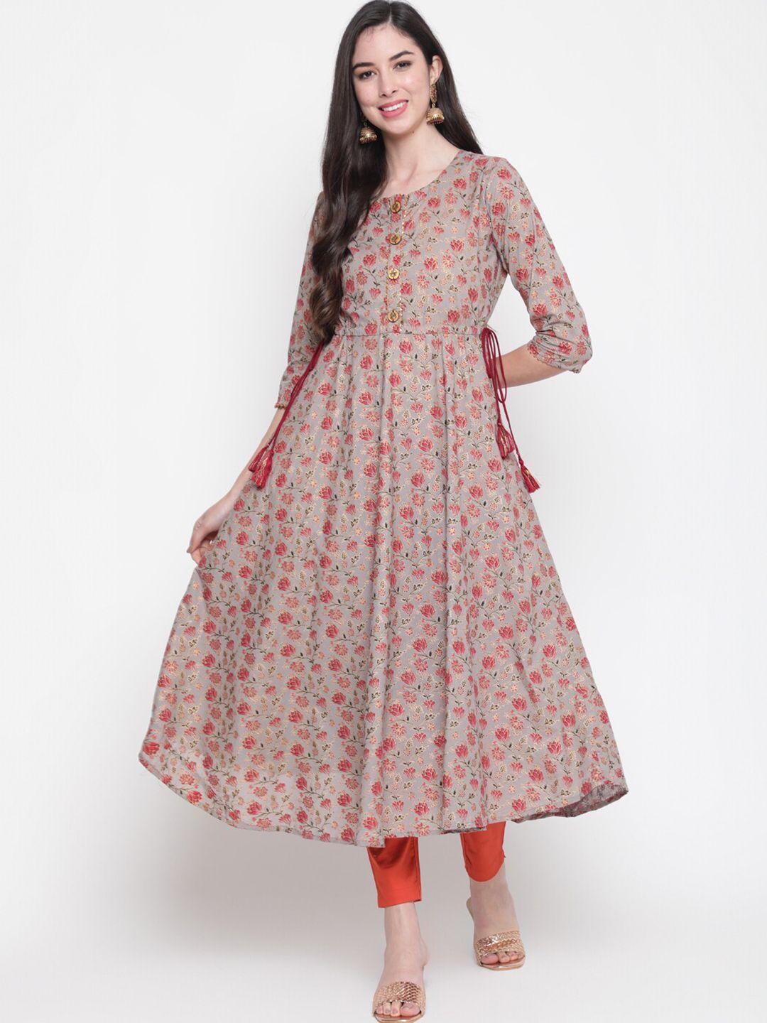 glam roots women grey & red floral printed cotton anarkali kurta