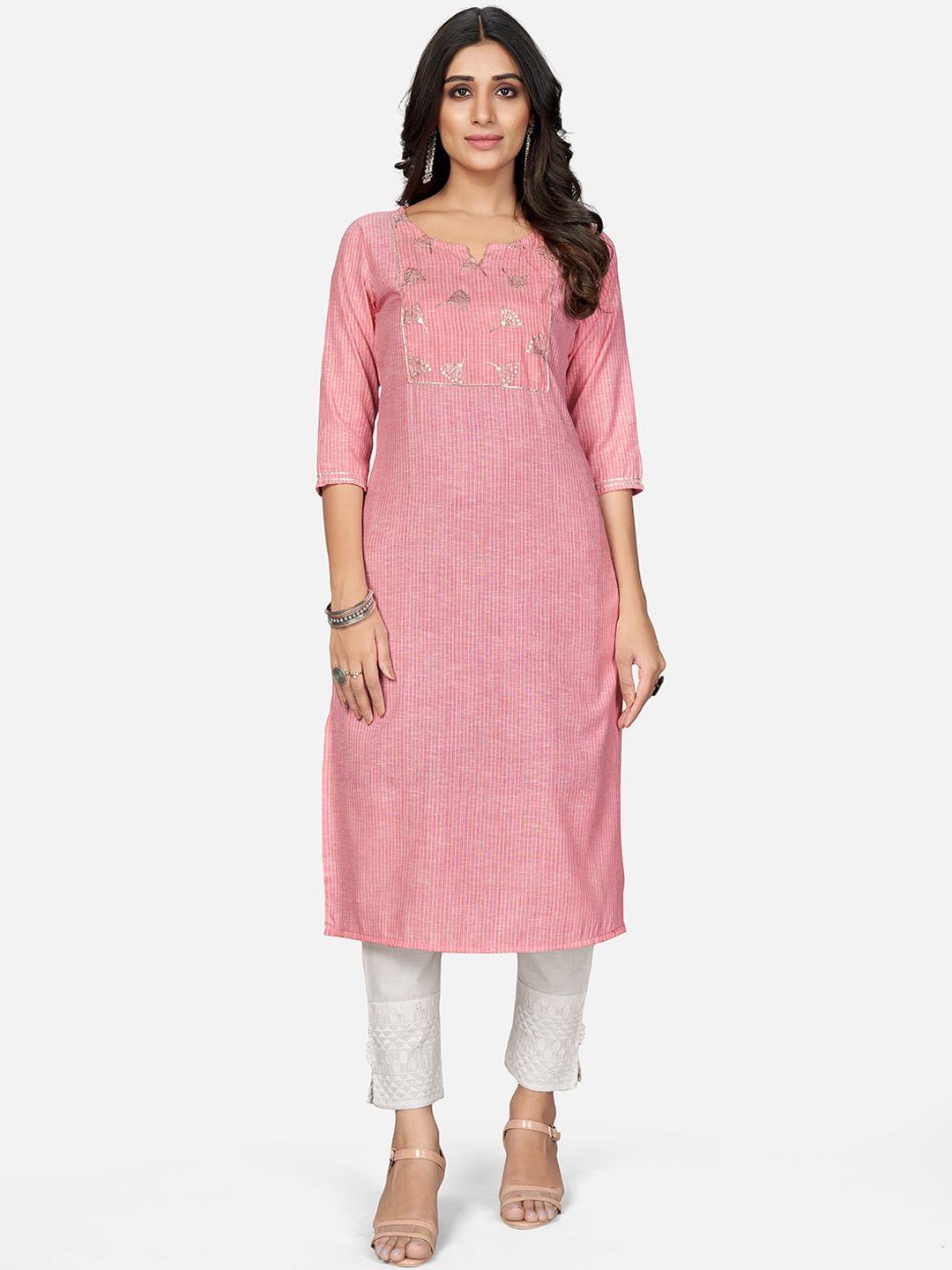 vbuyz women pink striped embroidered cotton kurta