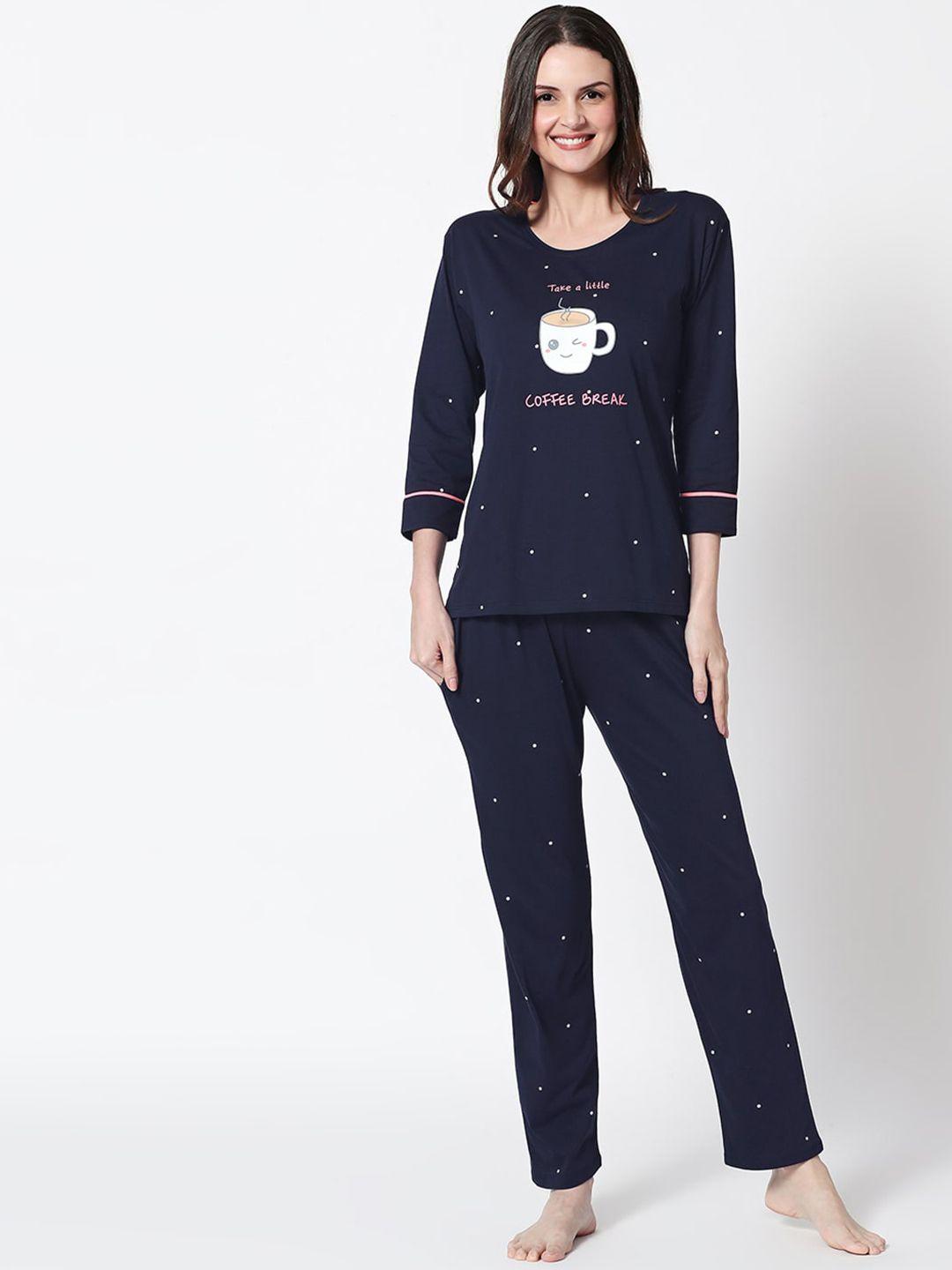 zeyo women navy blue self design pure cotton night suit