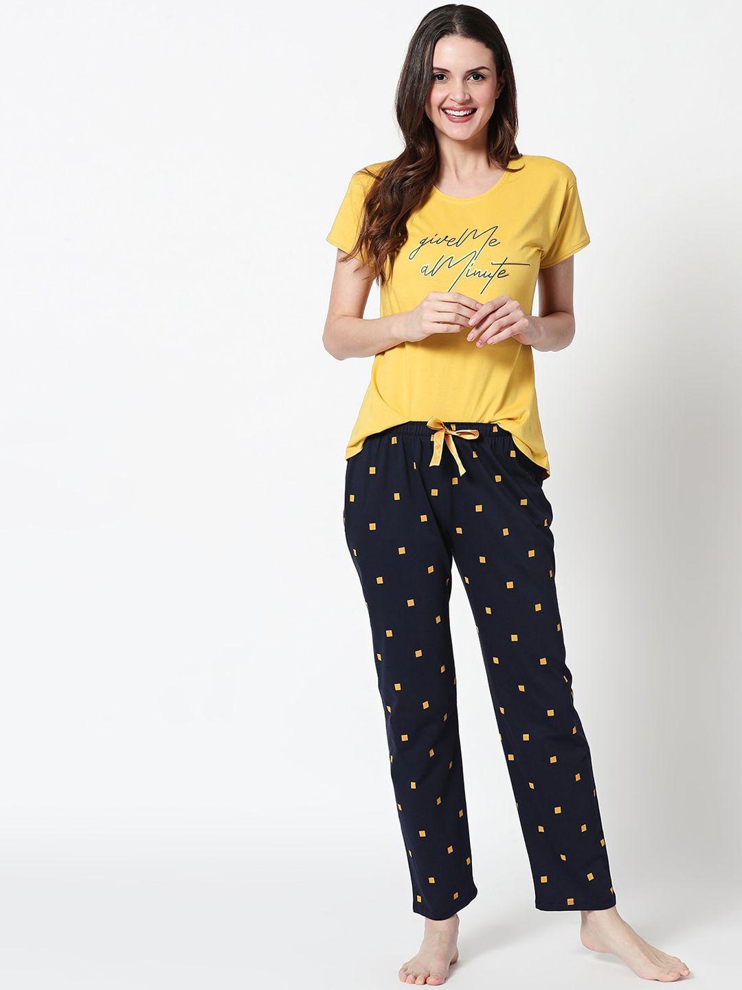 zeyo women yellow & black printed pure cotton night suit