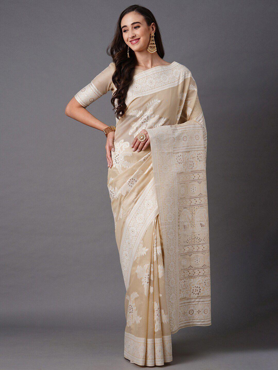 mitera cream-coloured & silver-toned floral silk blend banarasi saree