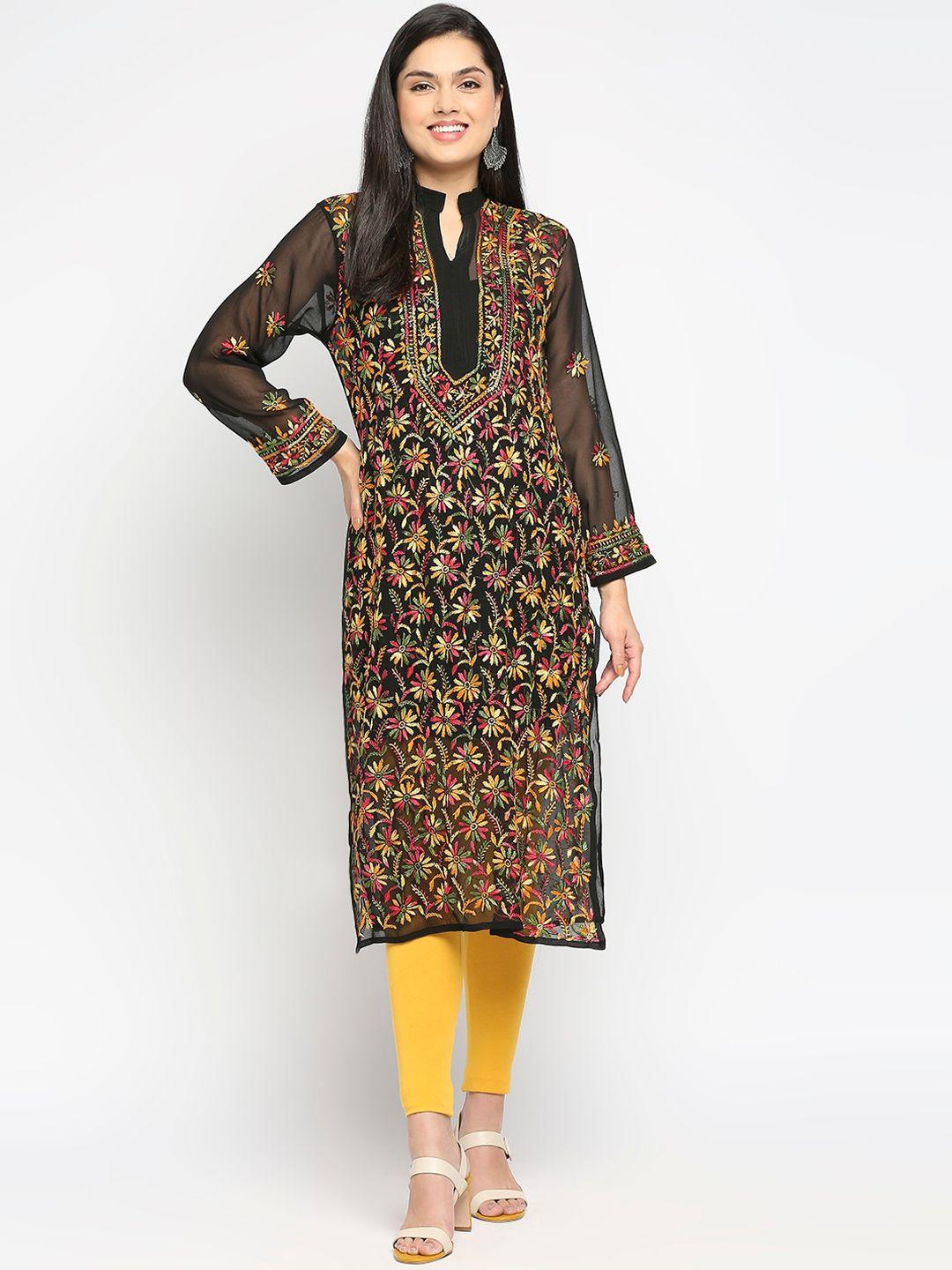 indiankala4u women black floral chikankari embroidered kurta