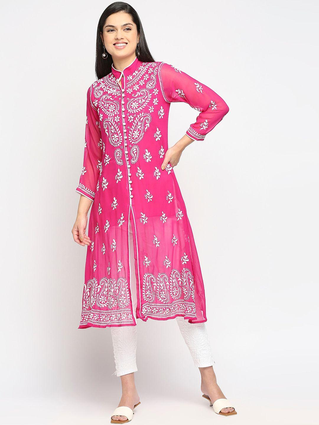 indiankala4u women magenta ethnic motifs embroidered georgette kurta