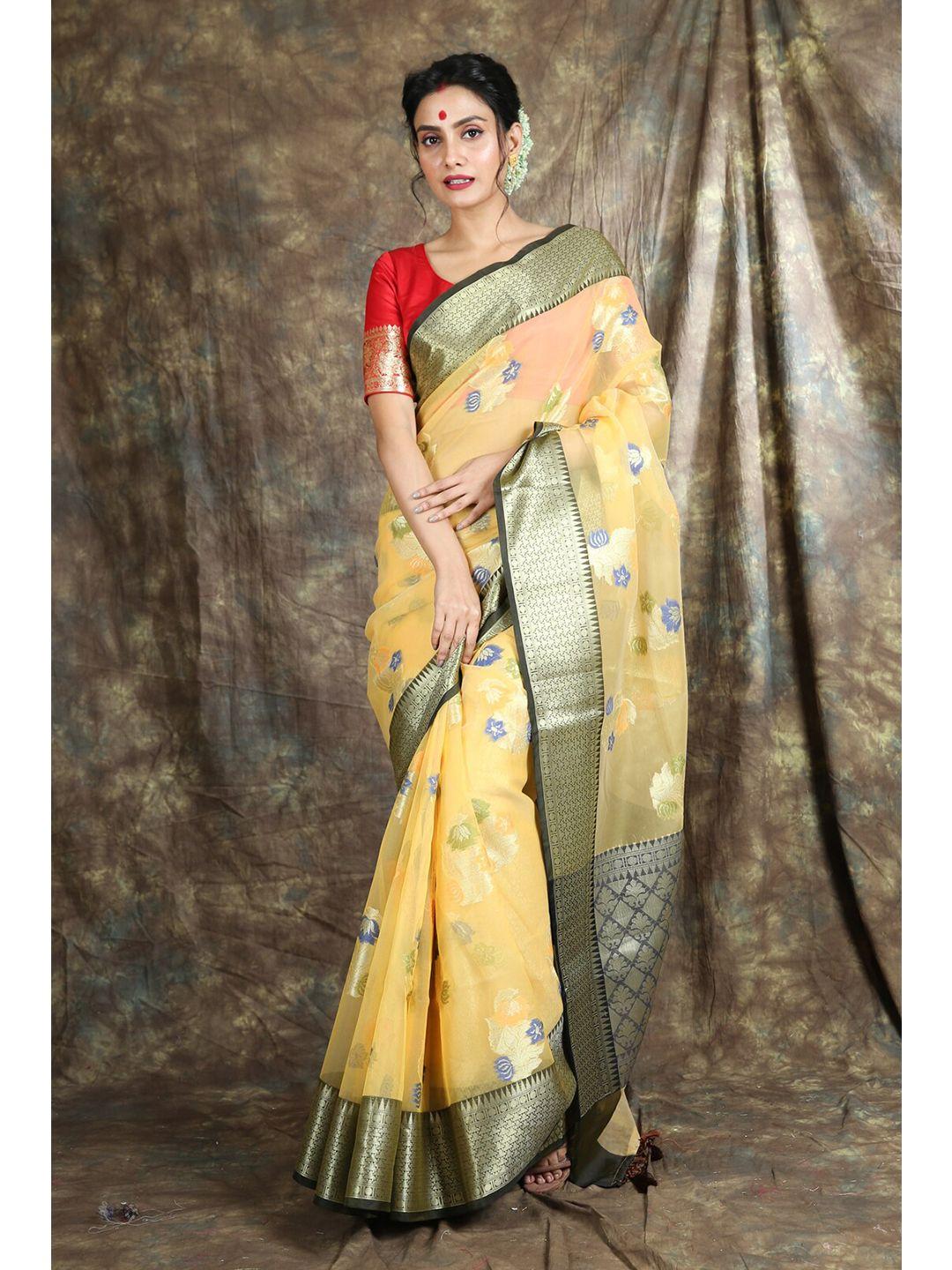 charukriti yellow & gold-toned woven design zari organza saree