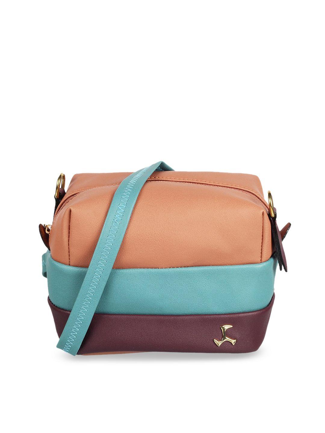 mochi peach-coloured & blue colourblocked pu structured handheld bag