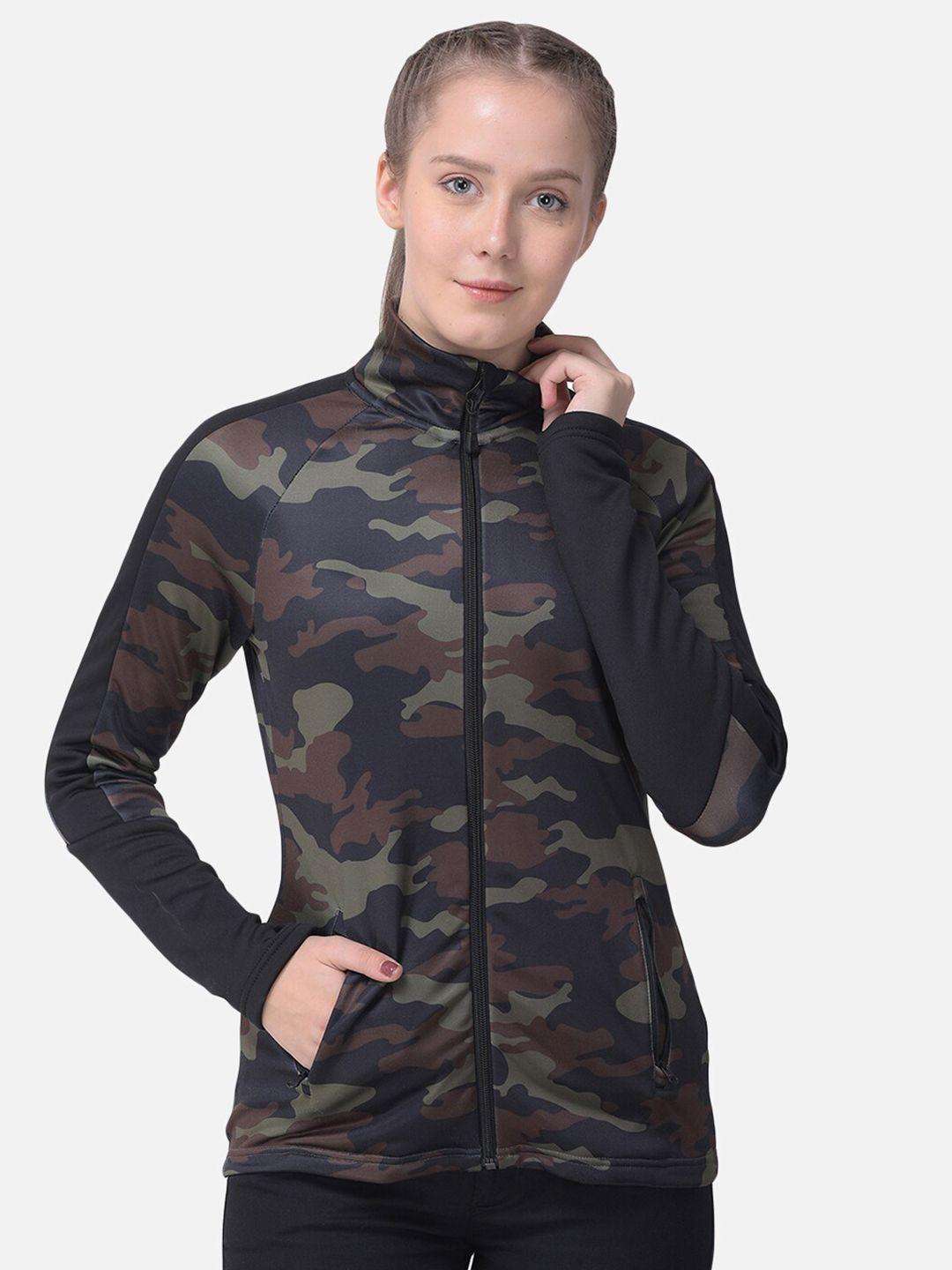 woodland women olive green & navy blue camouflage printed sweatshirt