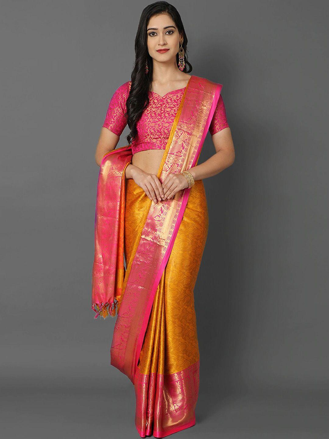 mitera fuchsia & gold-toned ethnic motifs zari silk cotton mysore silk saree