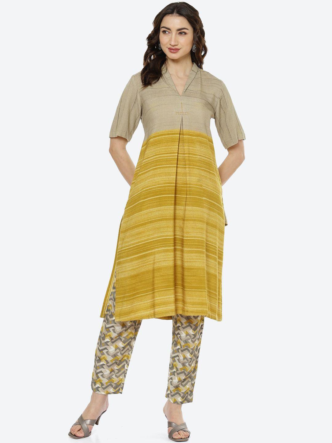 biba women mustard yellow ethnic motifs pleated kurta set