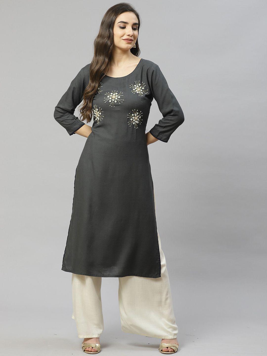 kalini women grey floral embroidered thread work kurta