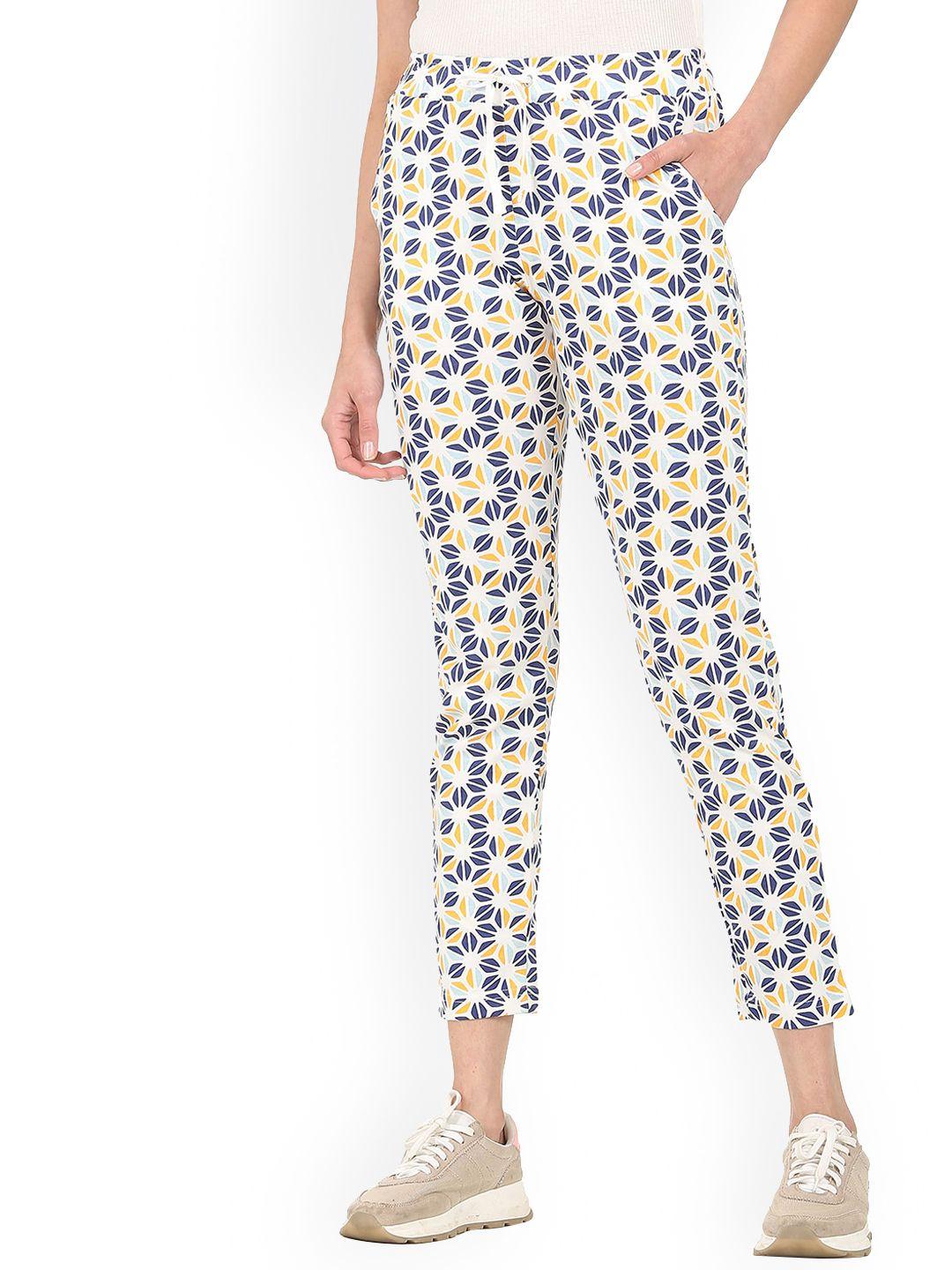 sugr women white & blue graphic printed pure cotton straight-fit track pants