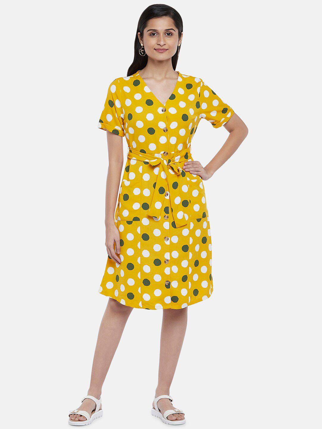 people women yellow & white polka dots dress