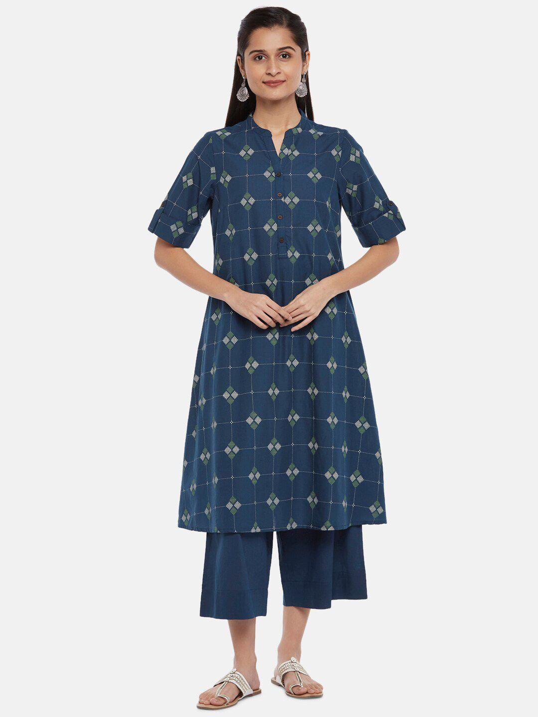 rangmanch by pantaloons women navy blue geometric printed pure cotton kurta with trousers