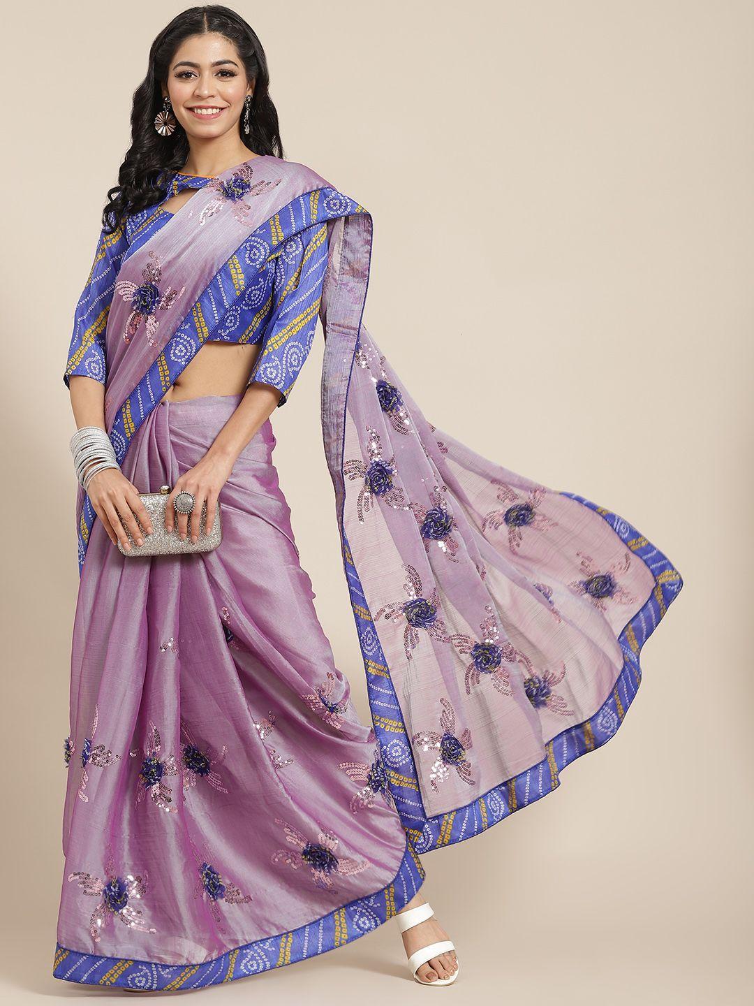 serona fabrics women blue & purple floral sequinned saree