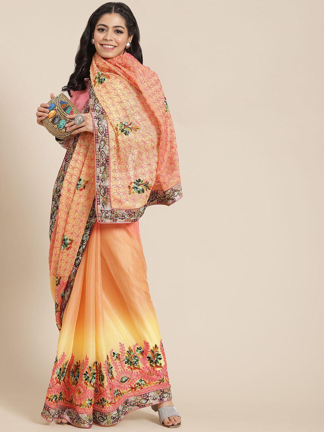 serona fabrics women peach-coloured & yellow floral embroidered saree