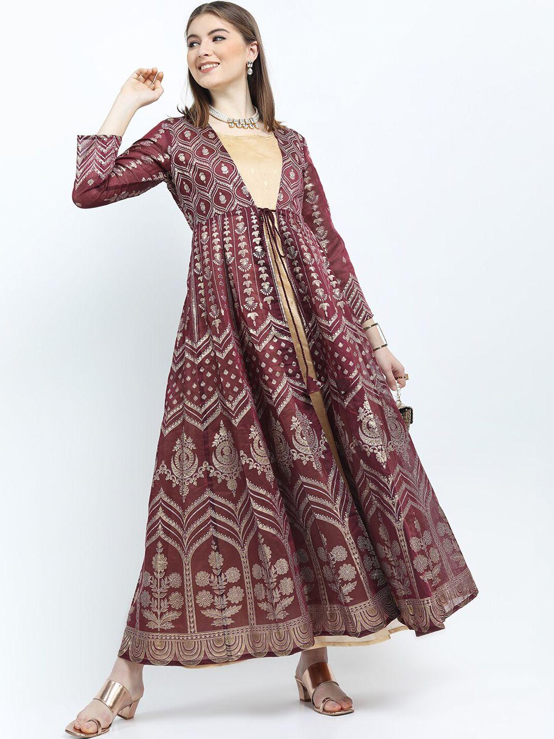 vishudh maroon & gold-toned ethnic motifs round neck maxi dress with chanderi jacket