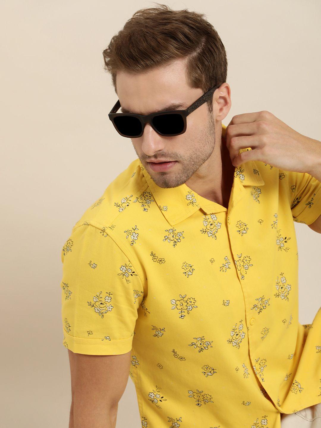 moda rapido men yellow & black slim fit floral printed pure cotton sustainable casual shirt