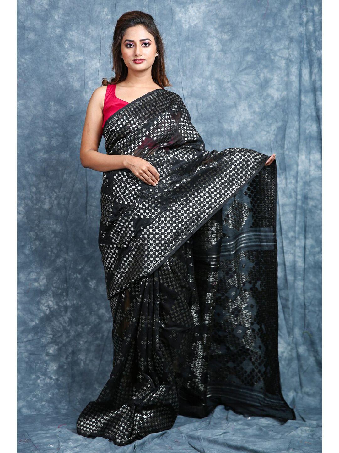 charukriti black & silver-toned embellished silk cotton jamdani saree