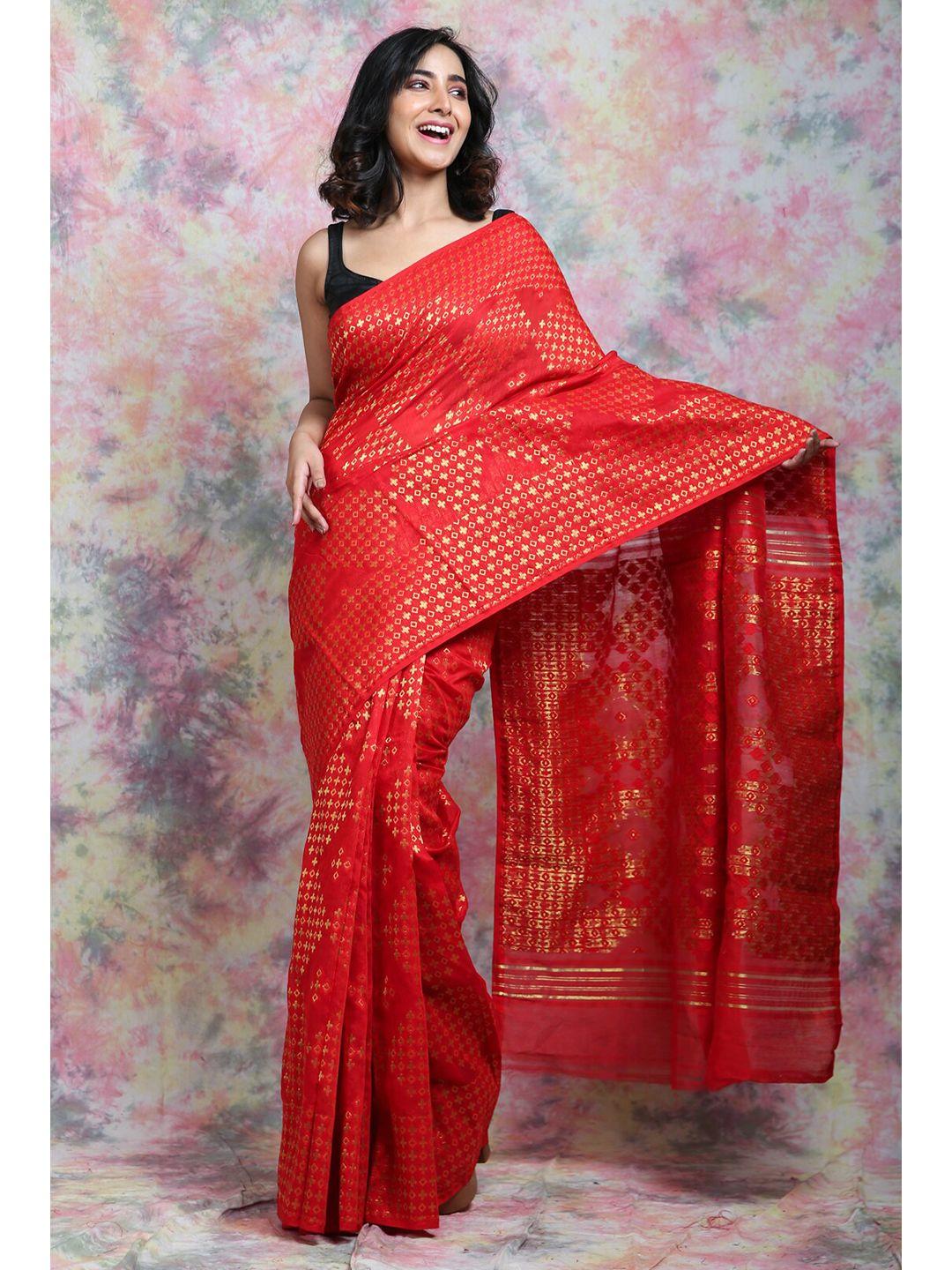 charukriti red & gold-toned woven design silk cotton jamdani saree