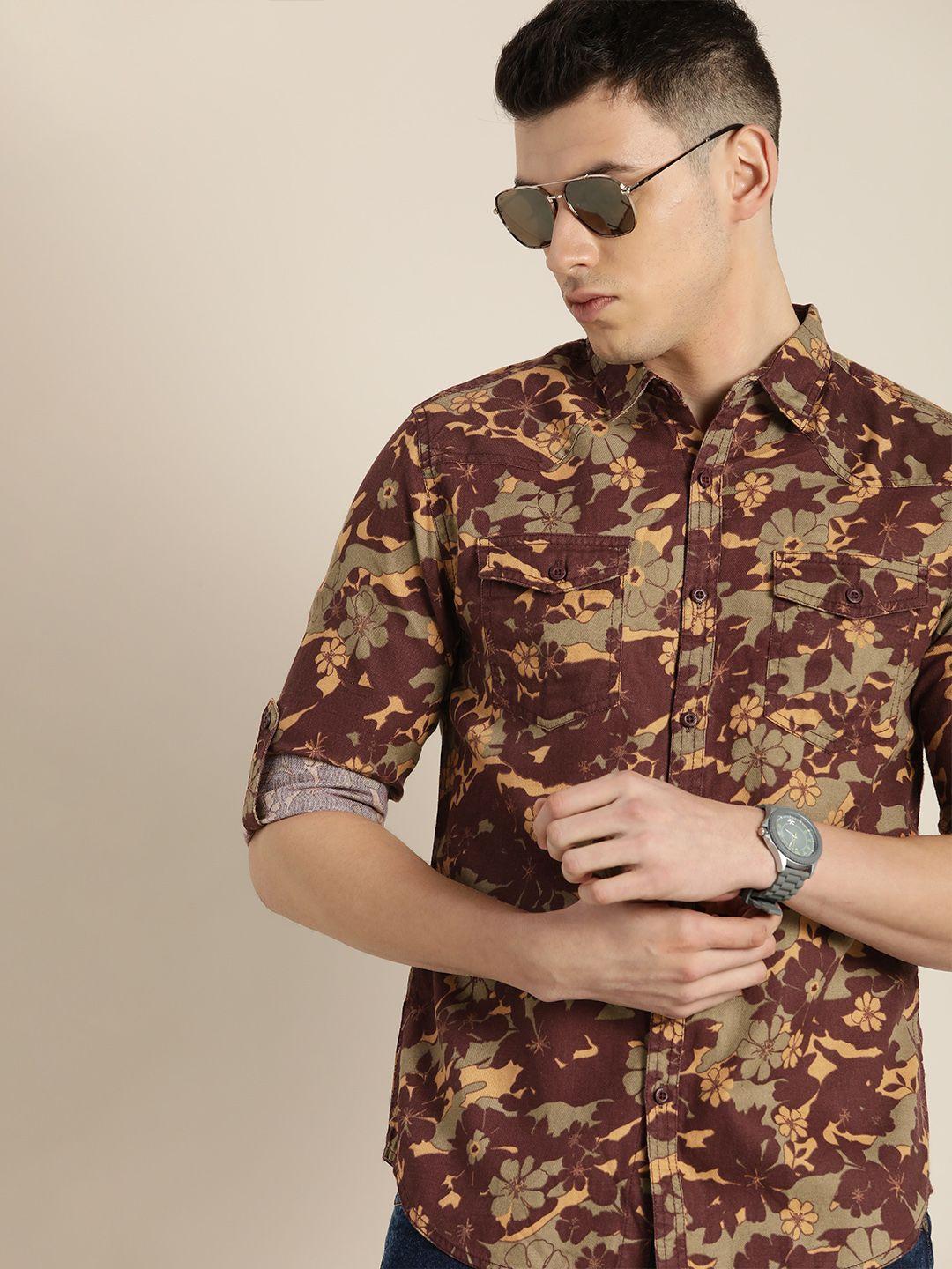 moda rapido men maroon floral printed pure cotton casual shirt