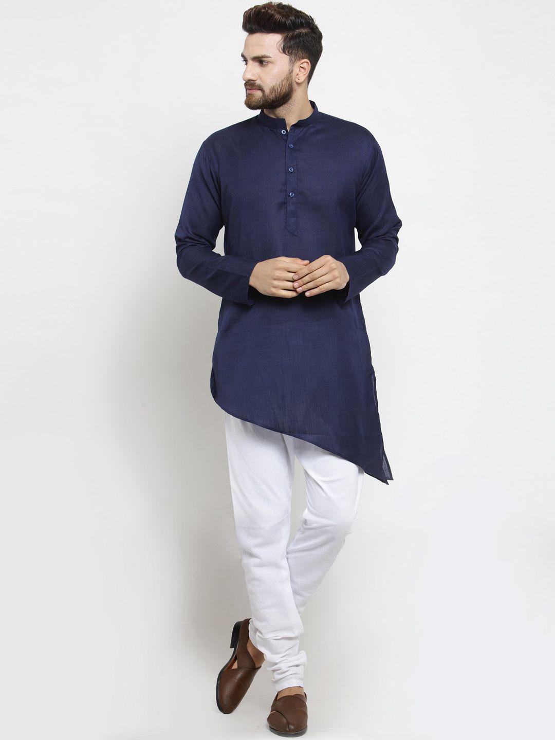 treemoda men navy blue & white linen kurta with pyjamas