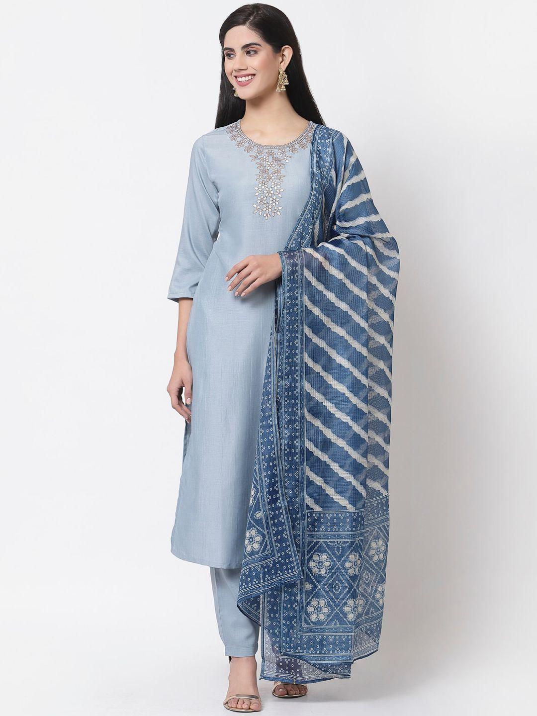 myshka women blue yoke design kurta with trousers & dupatta