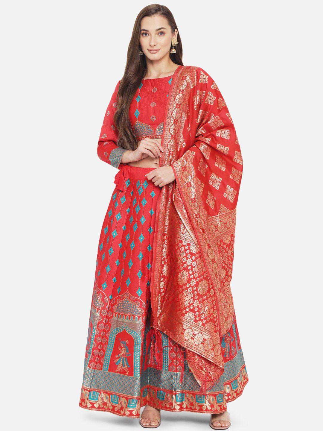 mitera red & gold-toned embroidered ready to wear lehenga & unstitched blouse with dupatta