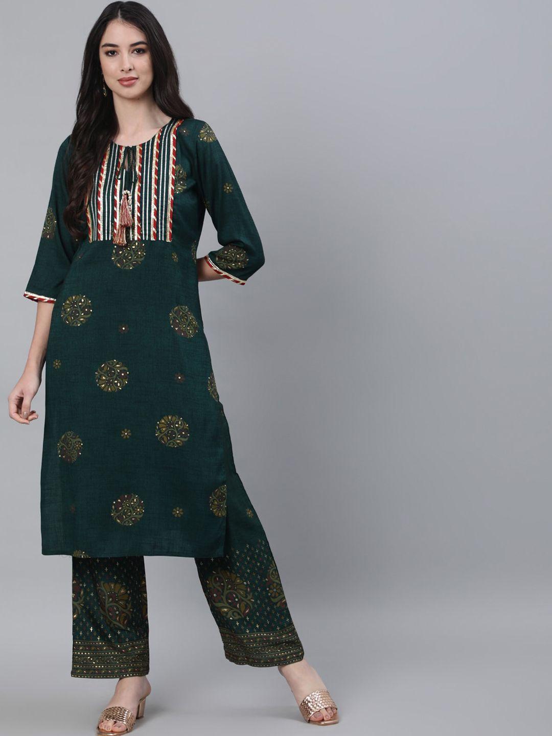 jaipur kurti women green ethnic motifs printed kurta with palazzos