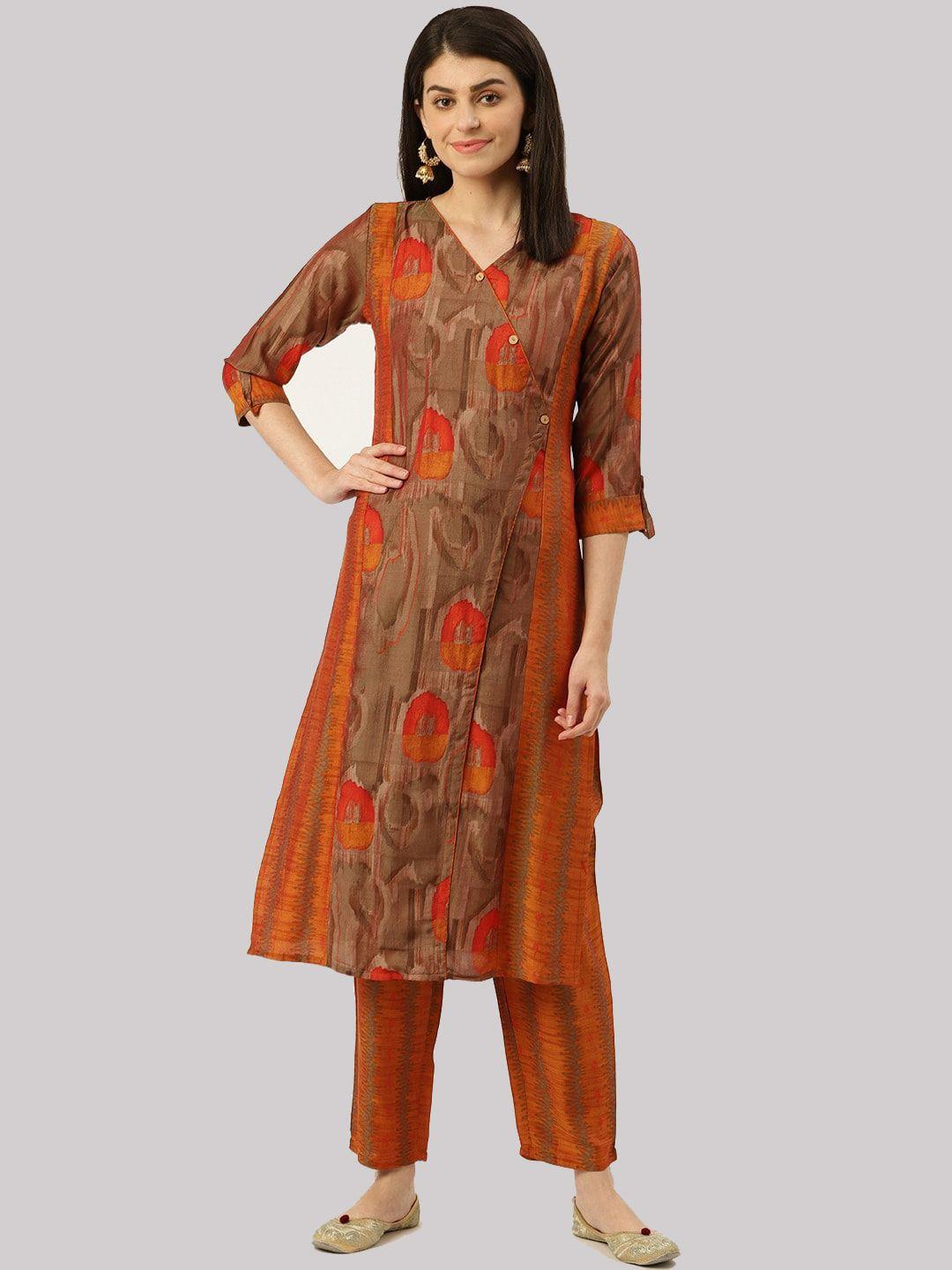 sangria women brown printed angrakha kurti with trousers