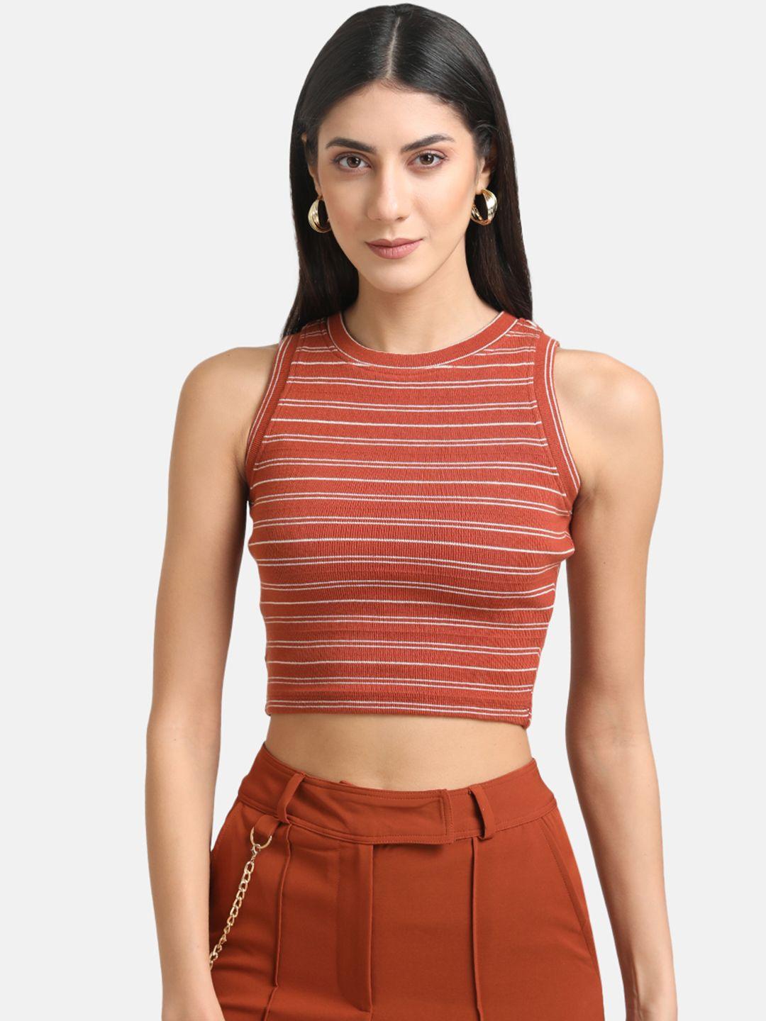 kazo women rust & white striped round neck fitted crop top