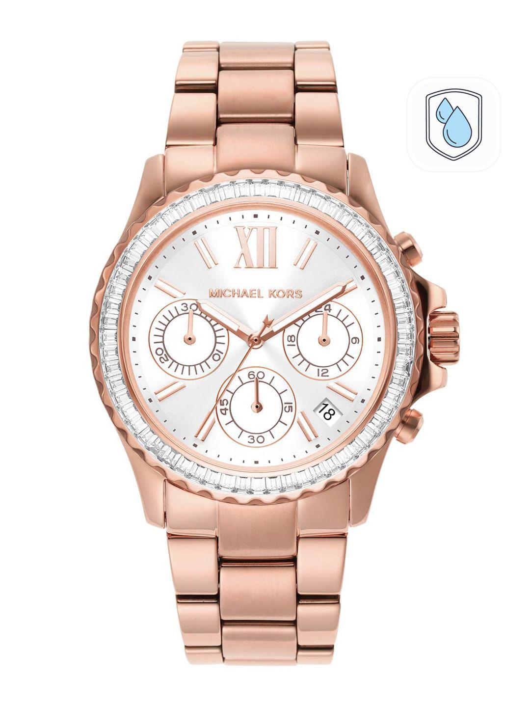 michael kors women rose-gold embellished bracelet style straps analogue watch