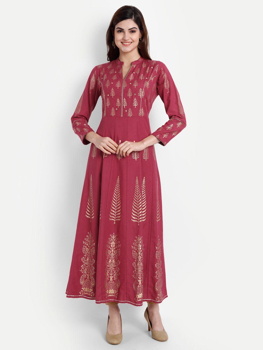 fabglobal women maroon & gold ethnic motifs printed maxi dress