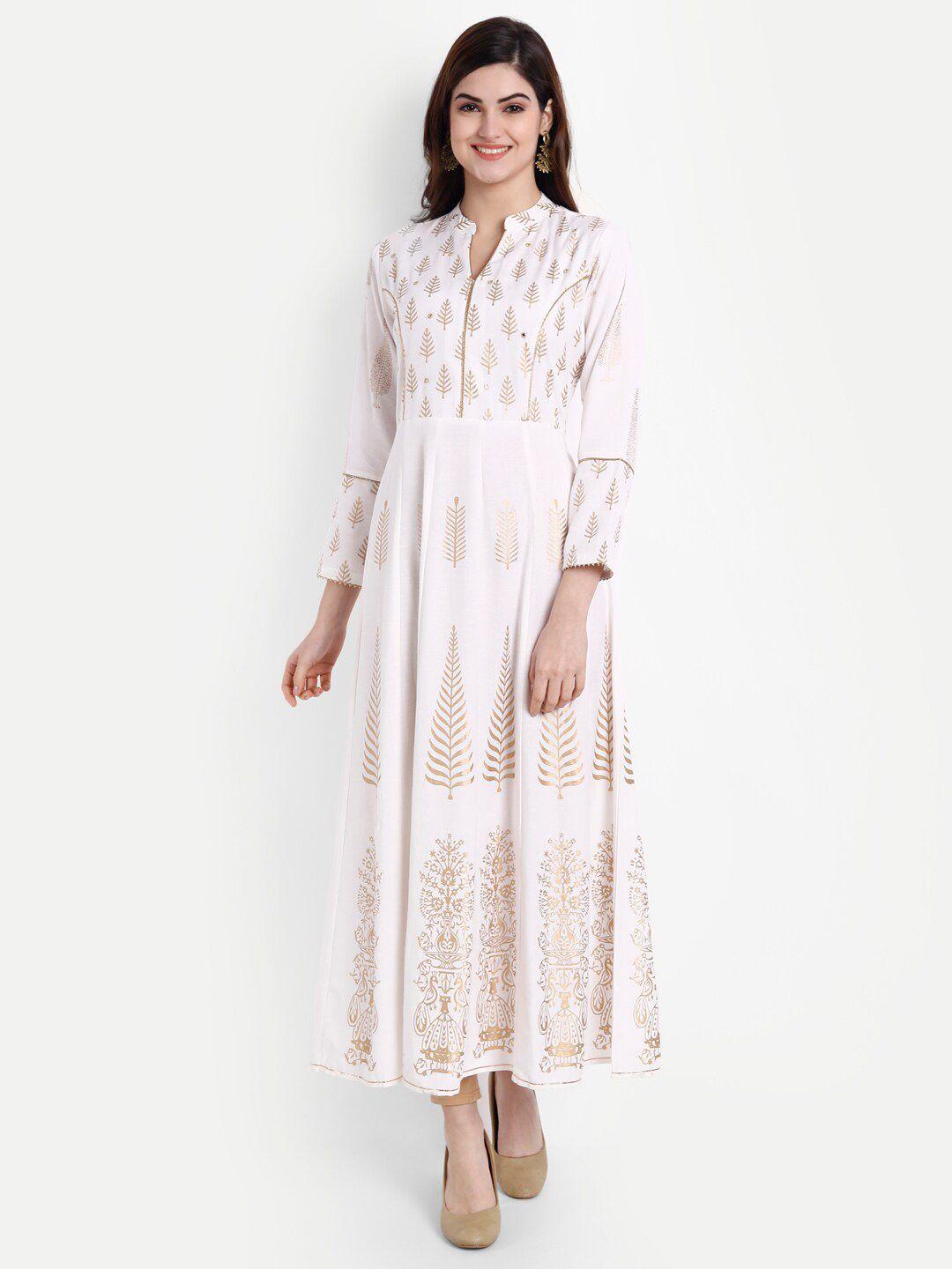 fabglobal women white & gold-toned ethnic motifs printed maxi dress