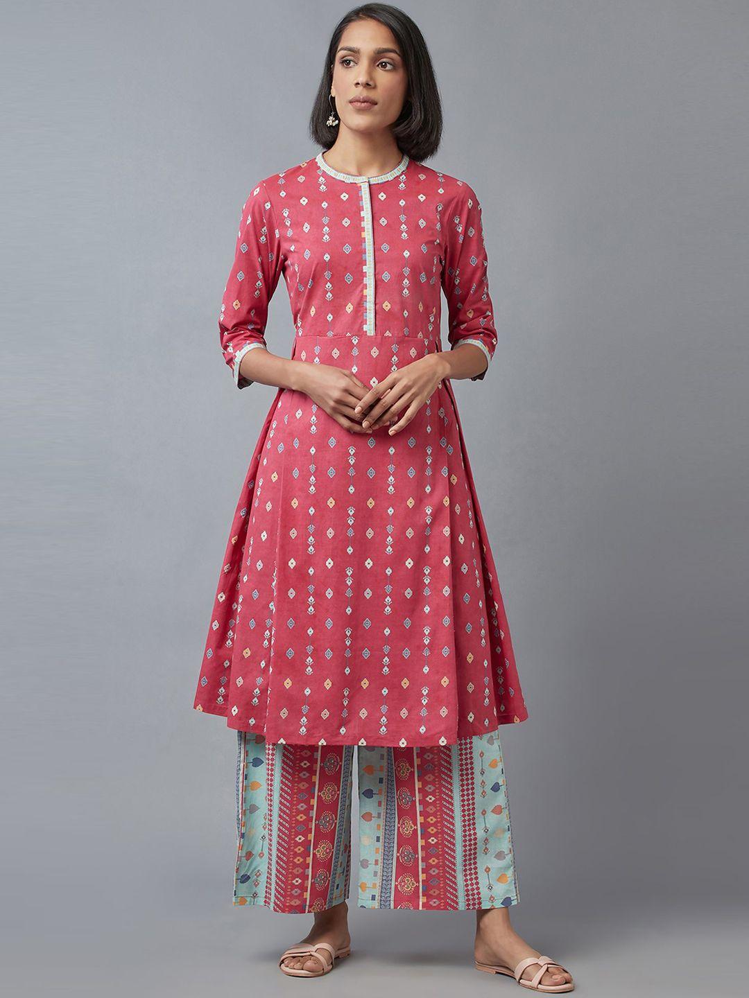 w women pink abstract printed pleated pure cotton kurta with palazzos