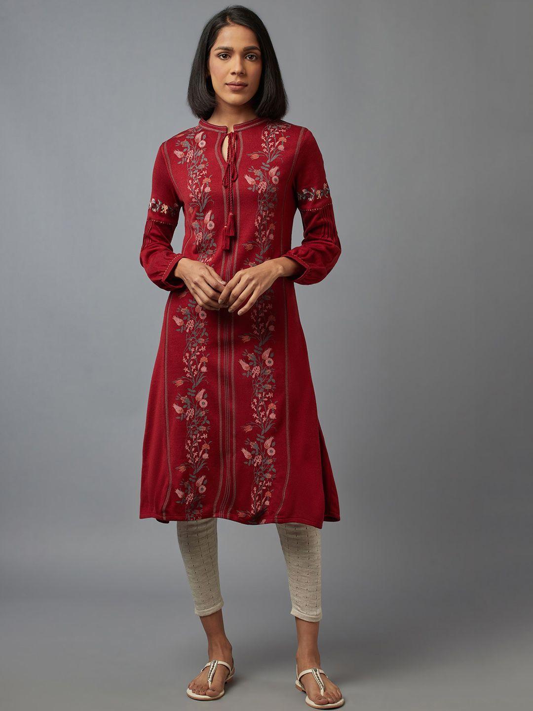 w women red ethnic motifs embroidered keyhole neck thread work kurta