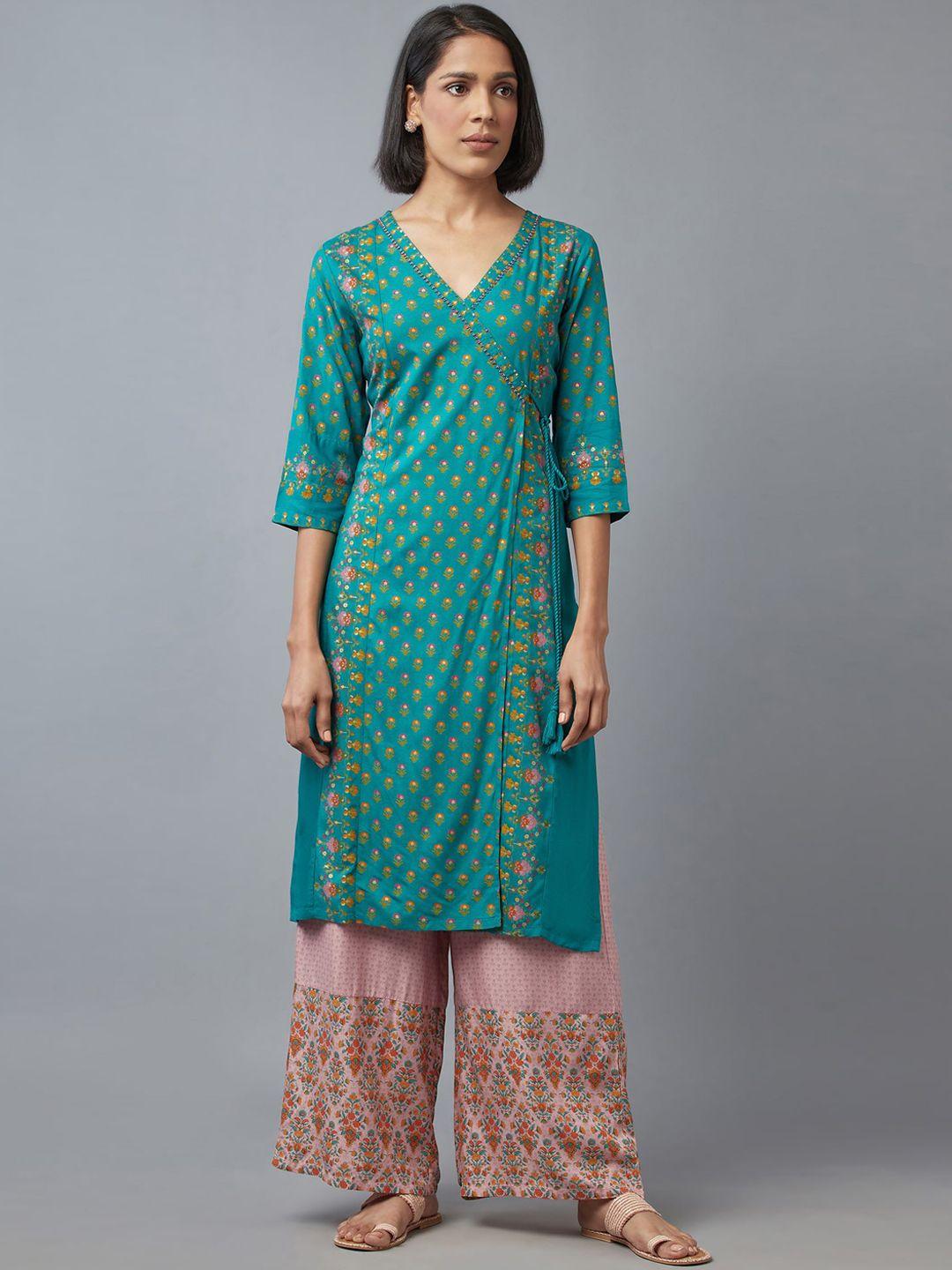 w women green & pink ethnic motifs printed flared sleeves angrakha kurta