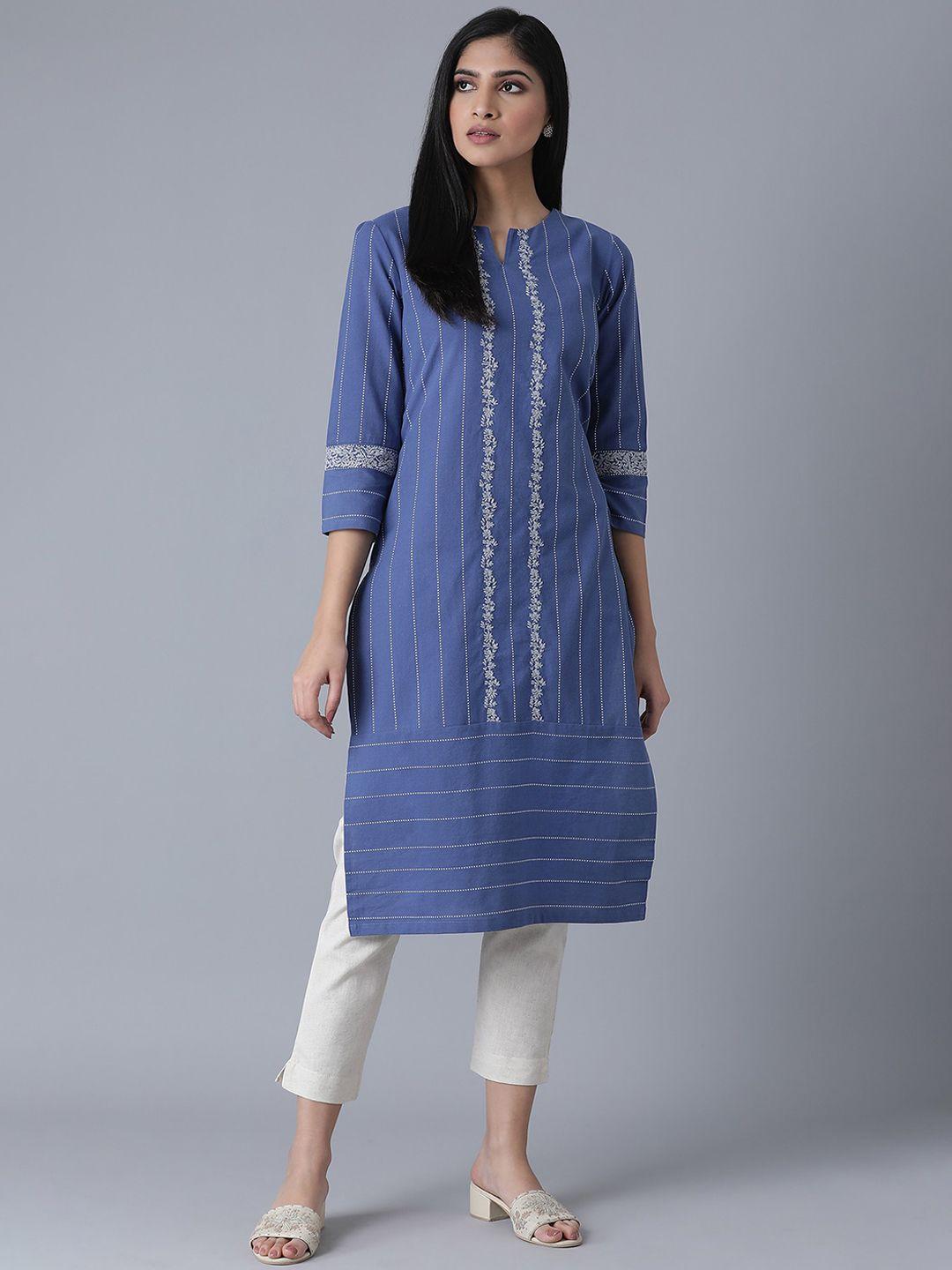 w women blue floral embroidered kurta