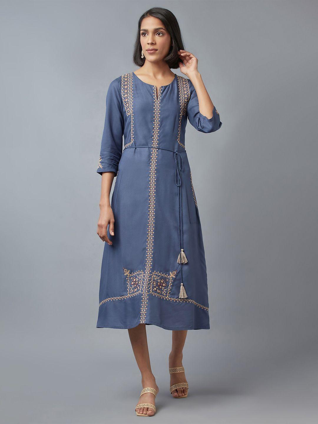 w women blue ethnic motifs embroidered a-line midi dress