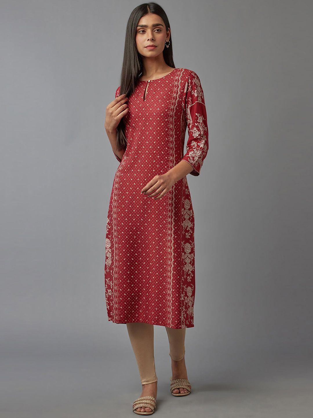 w red ethnic motifs printed keyhole neck kurta