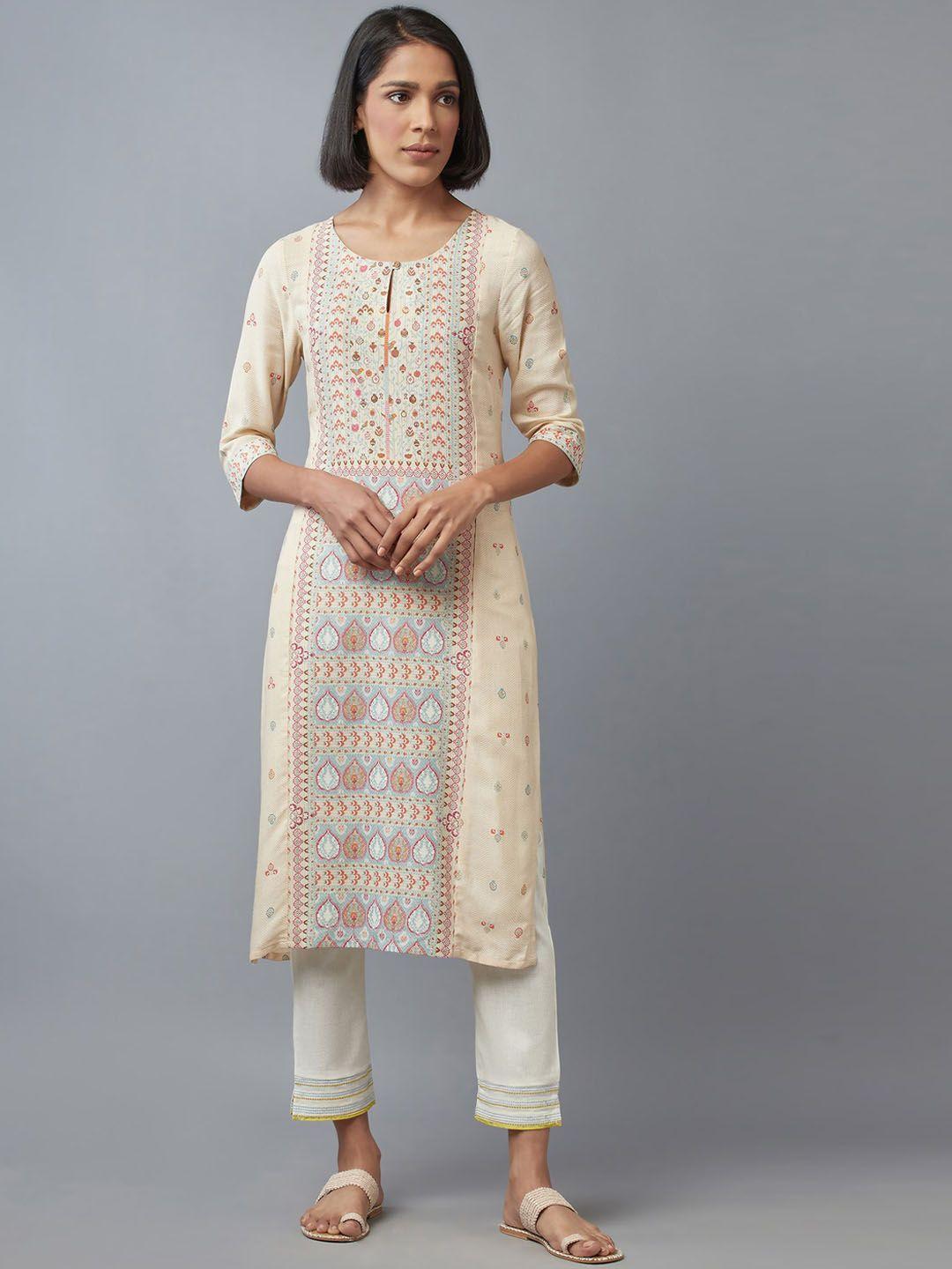 w women beige ethnic motifs printed keyhole neck kurta